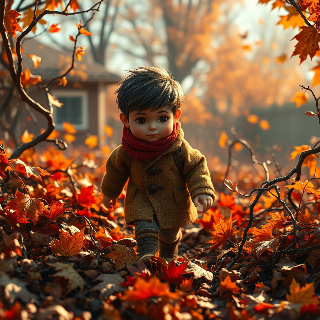 Tiny Person Navigates Autumn Yard, Concept Art Style