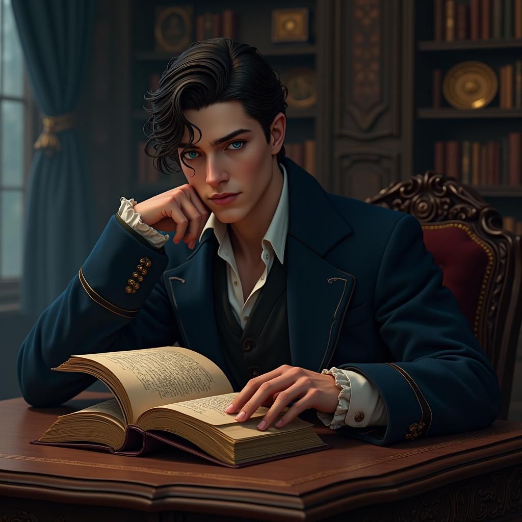 Enigmatic Brunette Lost in Books, Matte Painting