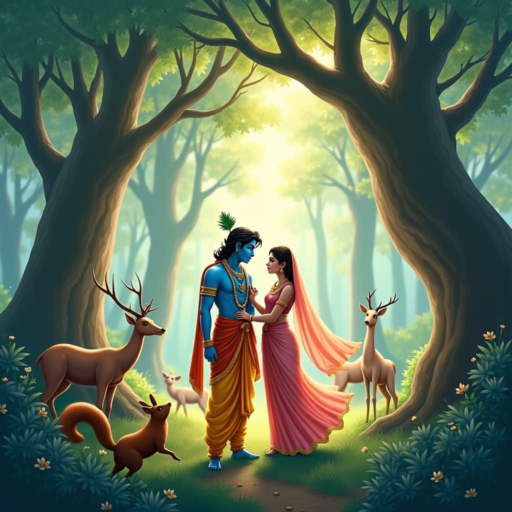 Krishna and Radha in Enchanting Forest, Anime Style
