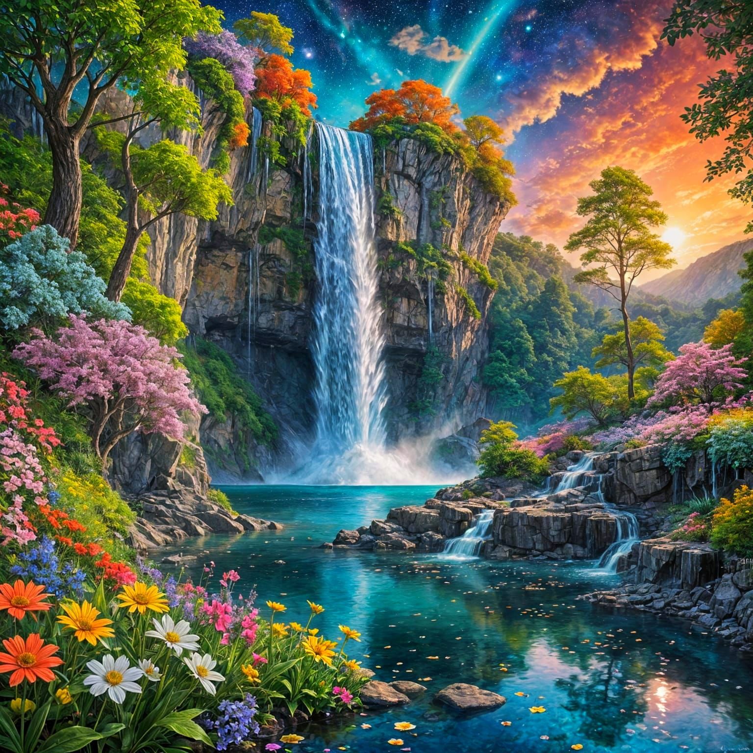 Shimmering Waterfall Scene in Polychromatic Astral Illustrat...
