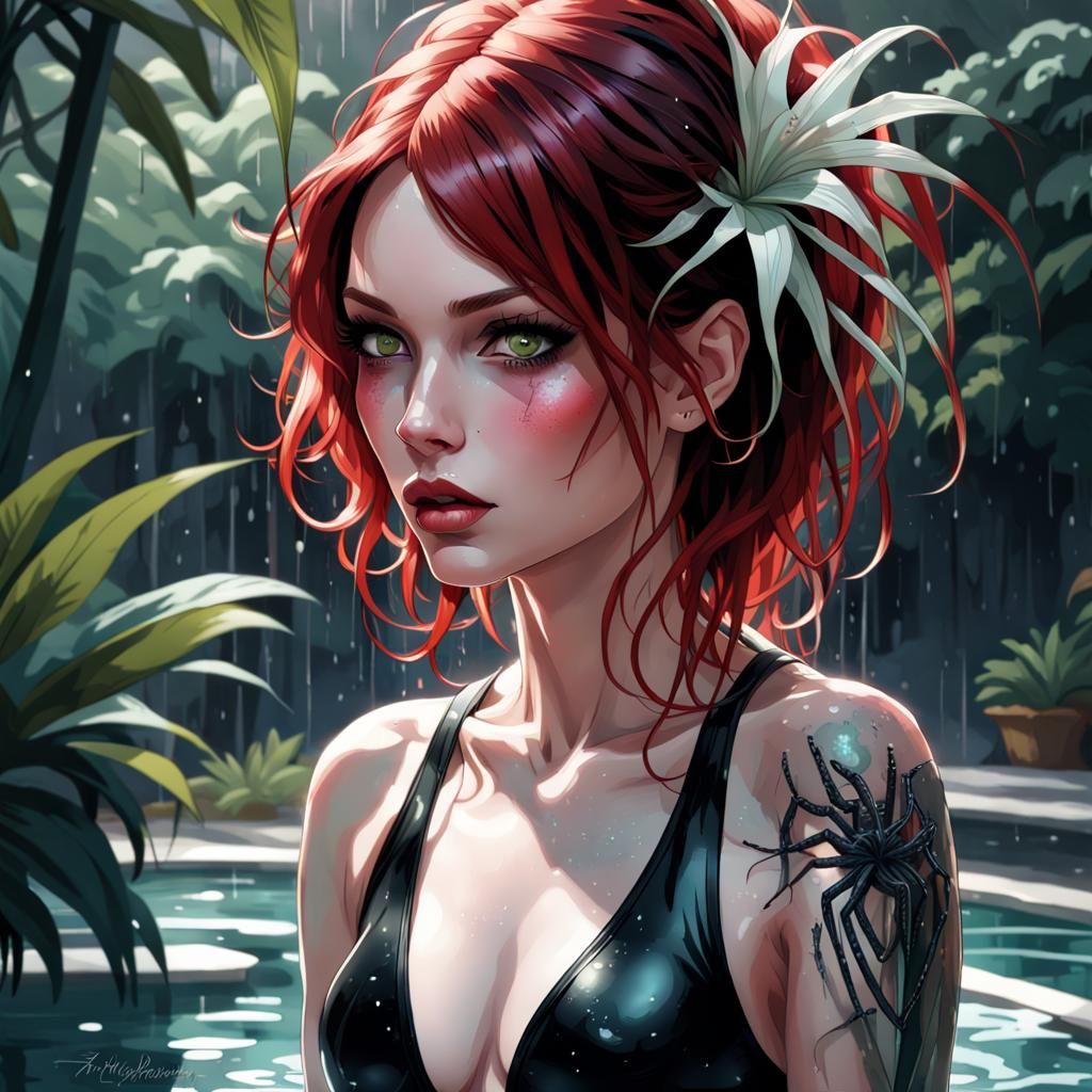 Girl with Spider Lily Tattoos in the Rain