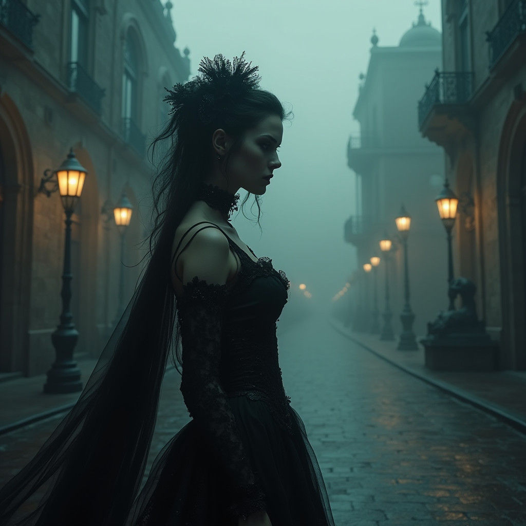 Vampire Protagonist in Gothic City, Biomechanical Aesthetic