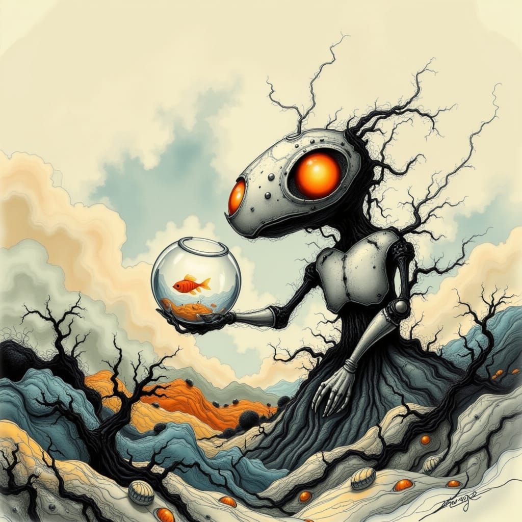 Cute Robot Holding Fishbowl in Noirscape Style