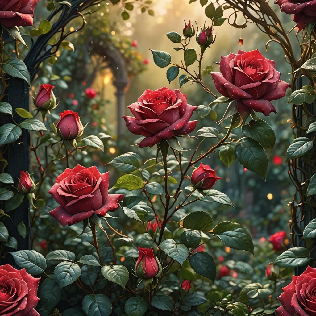 Blooming Red Rose in Mystical Garden: Fantasy Art