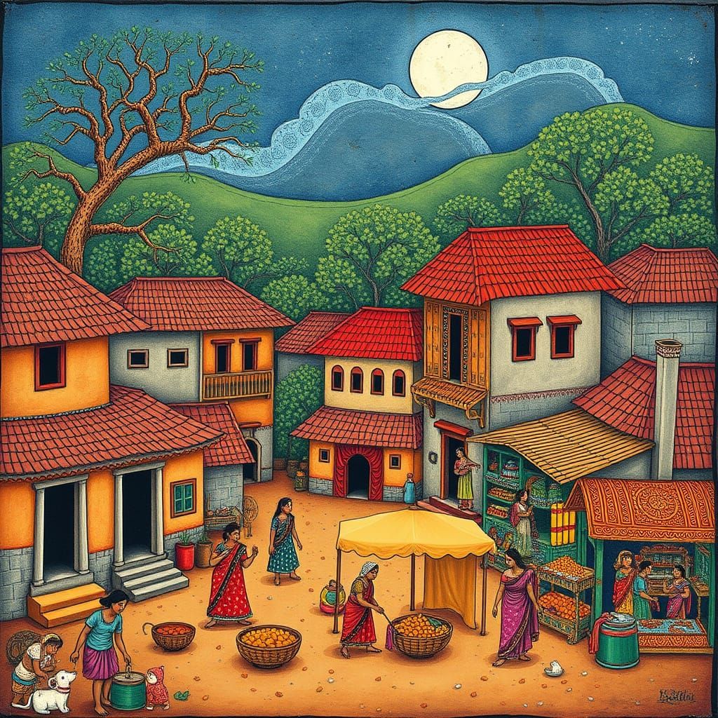Vibrant Indian Village Scene in Mughal Miniature Style
