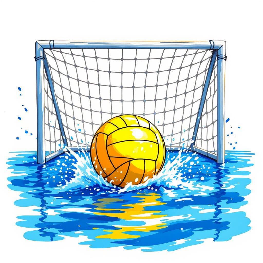 Yellow Water Polo Ball Splashing in Blue Water Watercolor