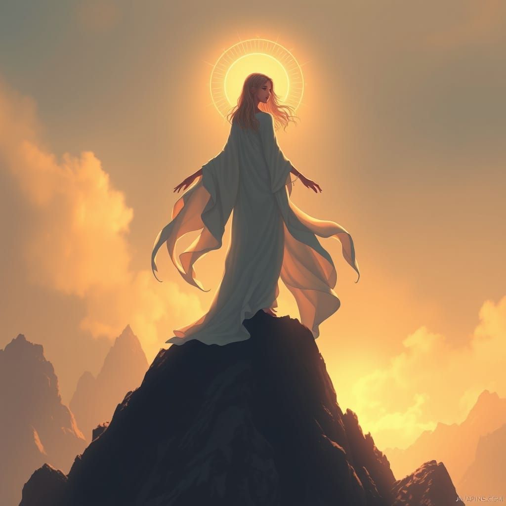 Goddess on Mystical Mountain in Ethereal Light