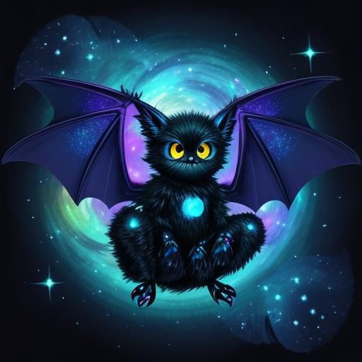 cute furry flying bat round head large cute eyes with pupils, eye lashes, only 2 wings, 2 arms, 2 legs shimmer glitter b...