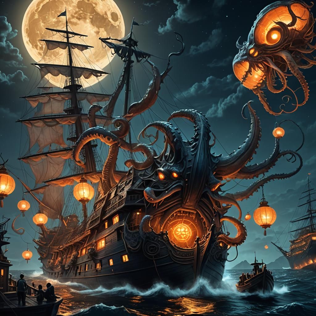 Kraken Attacks Ship in Dark Fantasy Concept Art