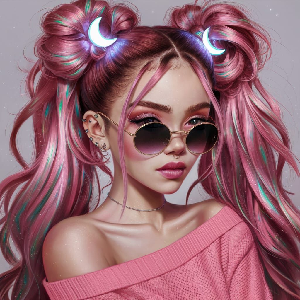 Hyperrealistic Anime Portrait with Iridescent Space Buns