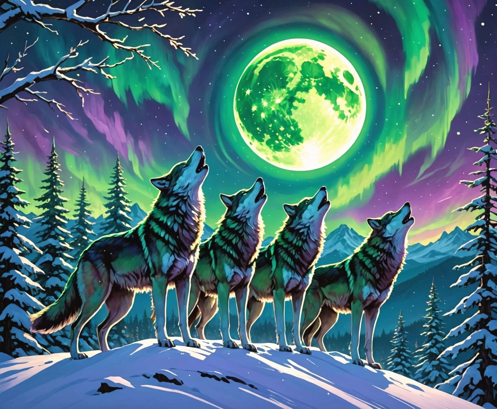 Wolves Howling at New Year's Moon Under Aurora