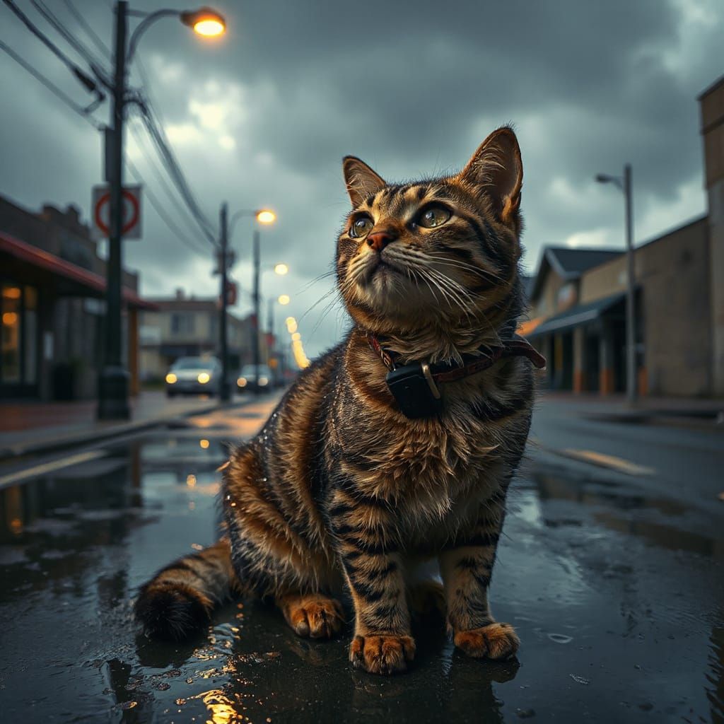 Rainy City Streets, a Lonely Cat's Reflections