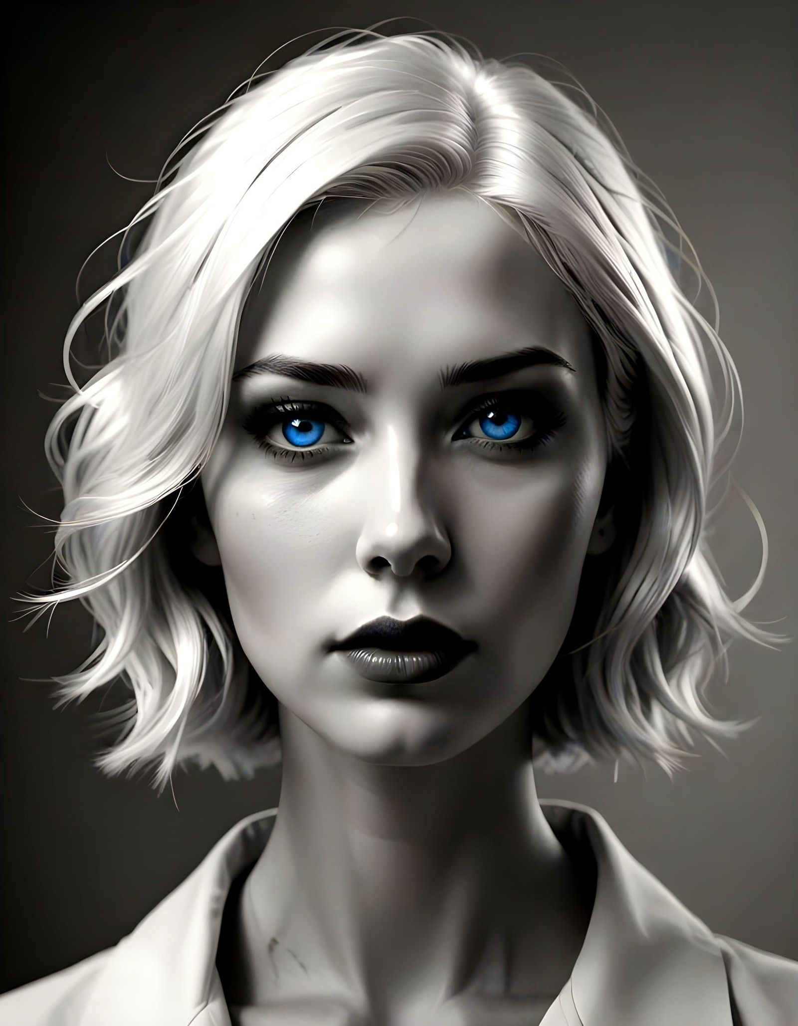 Monochrome Portrait with Vivid Blue Eyes and Lips