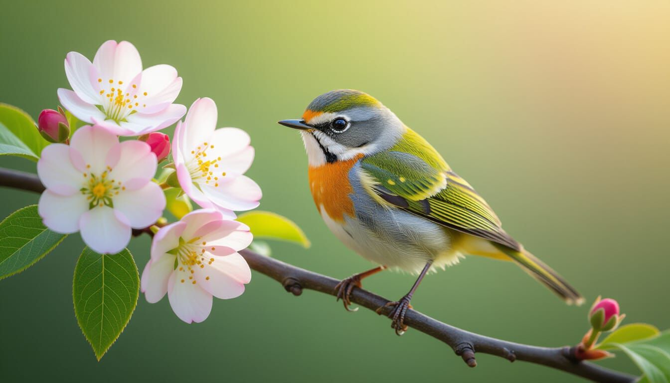 Tiny Bird on Branch with Flowers, Photorealistic Style