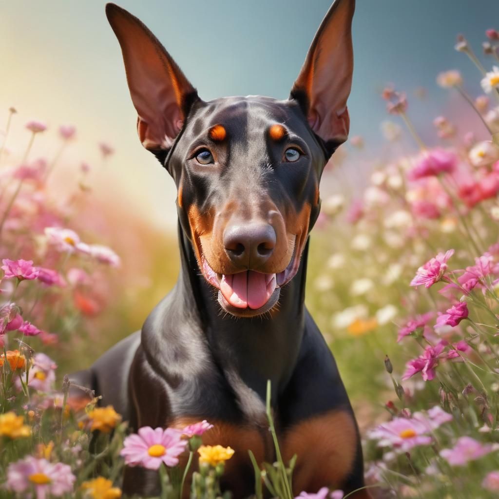Playful Doberman Puppy in a Field of Flowers