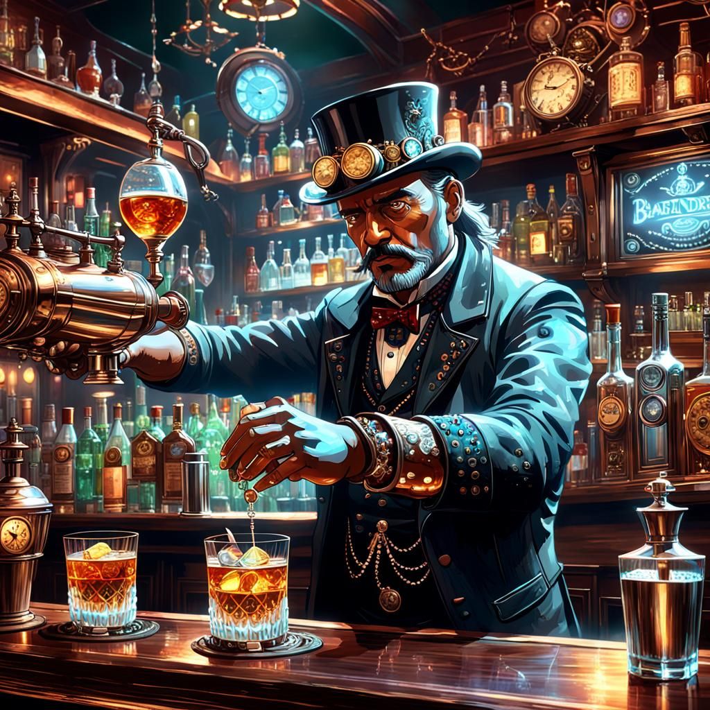 Steampunk Bartender in Holographic Sci-Fi Saloon