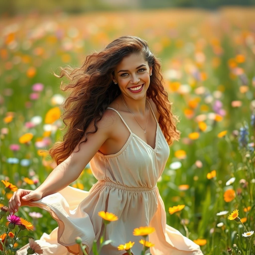 Joyful Curvy Woman Dancing in Wildflower Field