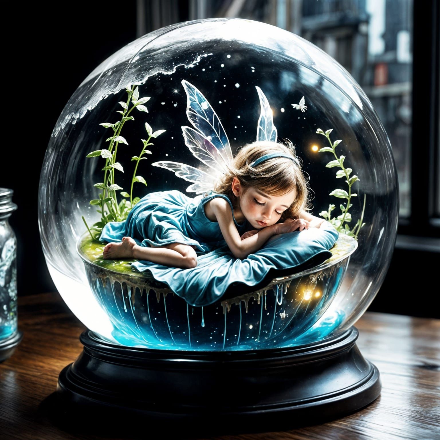 Fairy Sleeping in Glass Globe: Whimsical Illustration