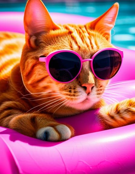 Cat with Sunglasses Lounging in Swimming Pool