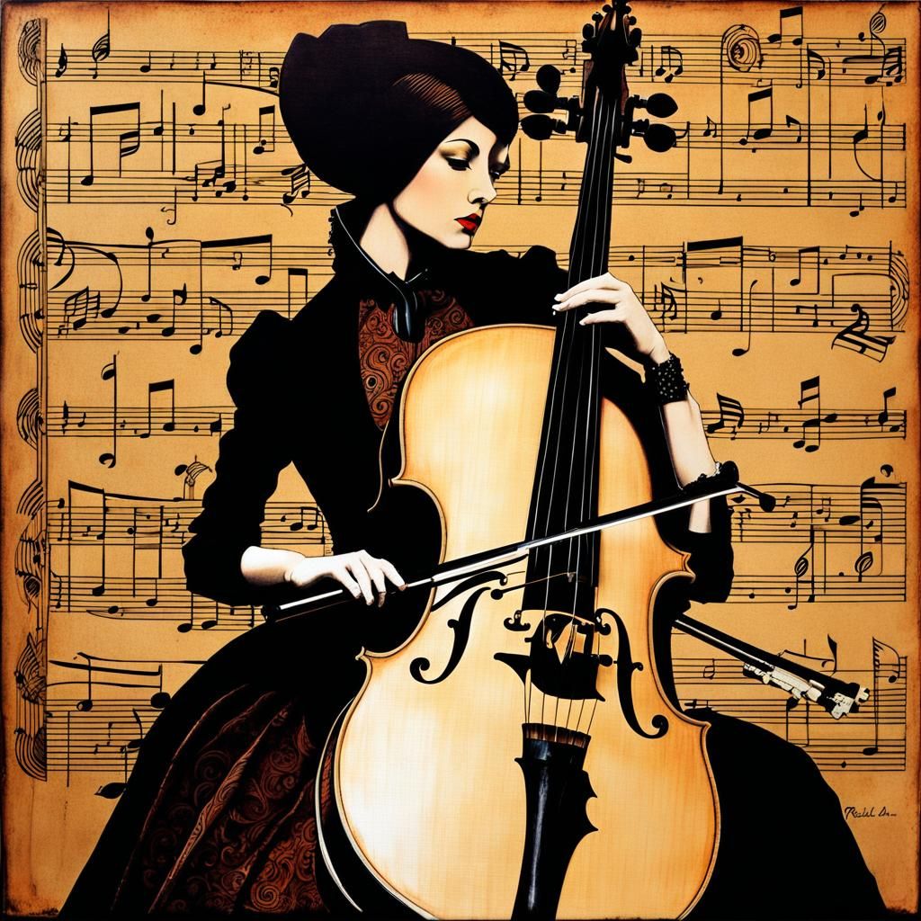 Victorian Gothic Cello Player Portrait in Funk Art Style