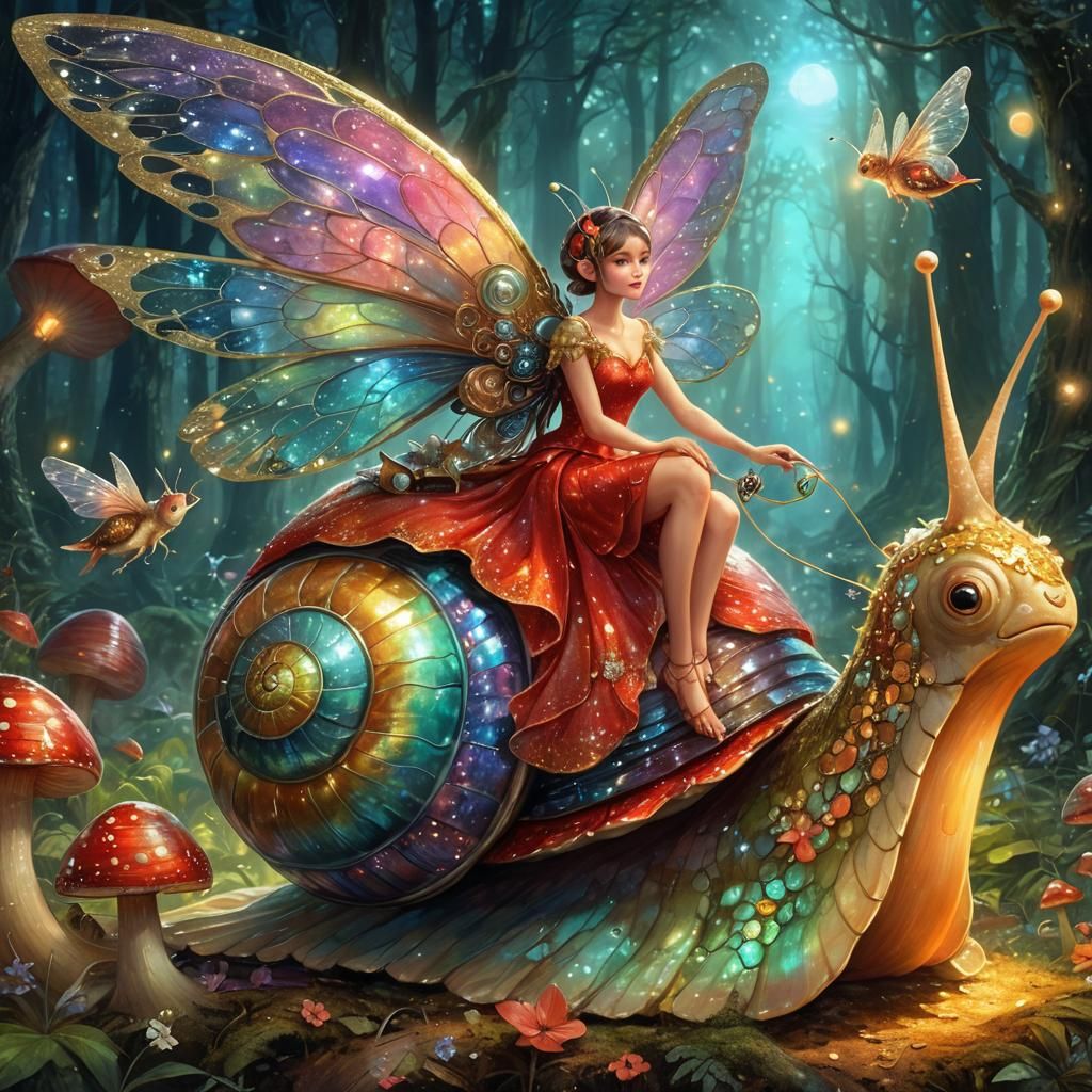 Pixie Rides Snail Through Magical Forest