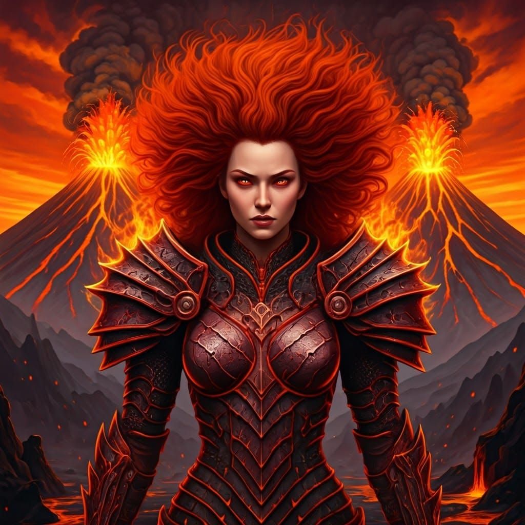 Fiery Warrior Emerges from Blazing Volcano in Dark Red and O...