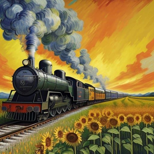 Smoking Train Through Sunflowers in Post-Impressionist Style