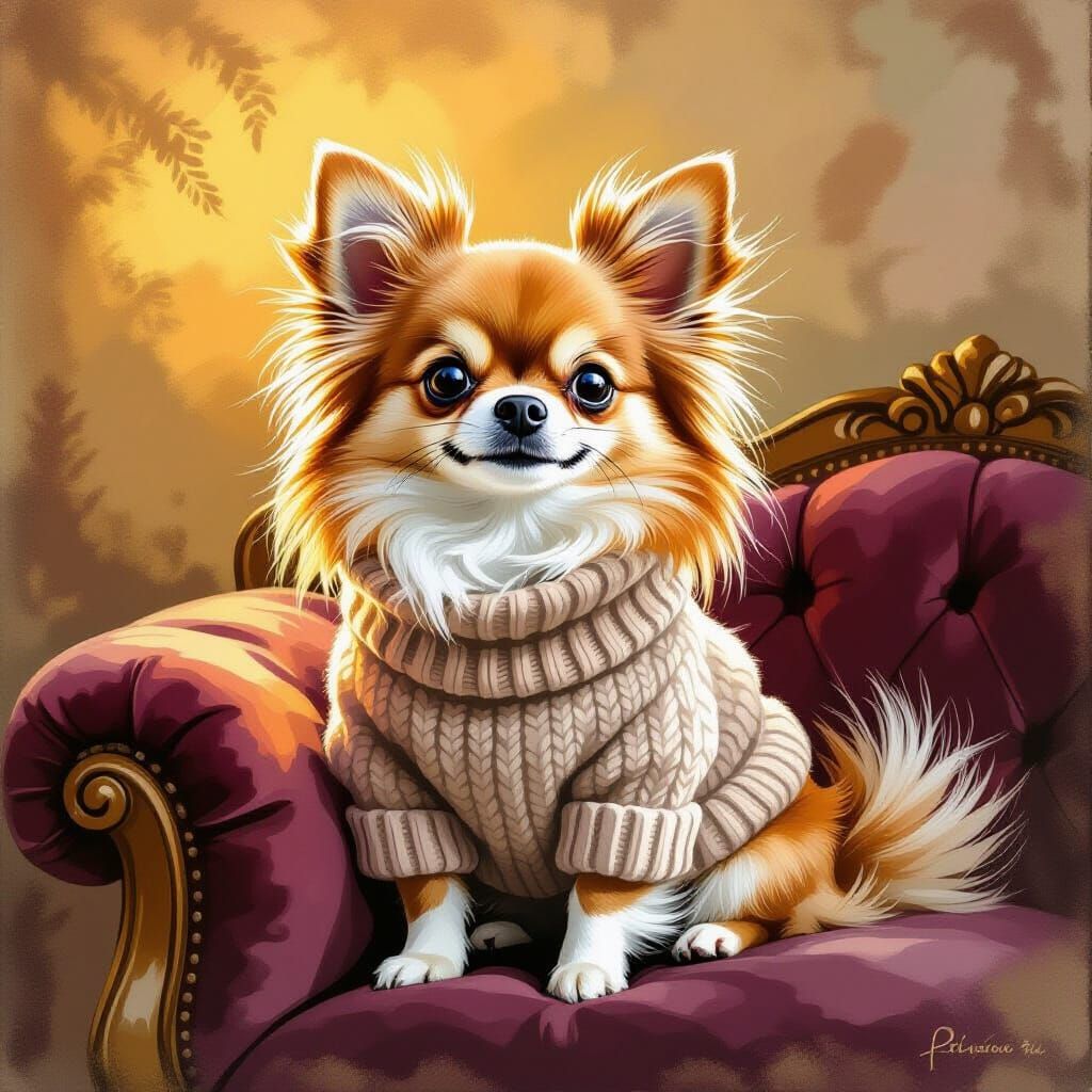 Chihuahua in Sweater, Whimsical Illustration Style