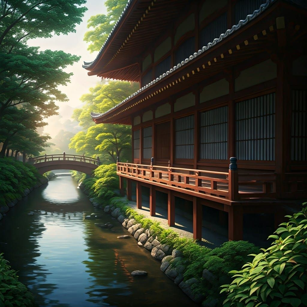 Japanese Serenity with Lush Greenery and Tranquil River