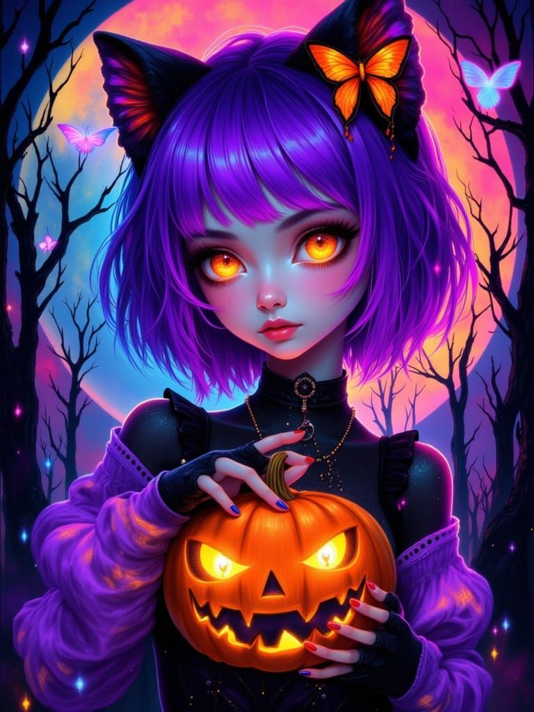 Ghostly Girl with Glowing Pumpkin in Neon Chalk Style