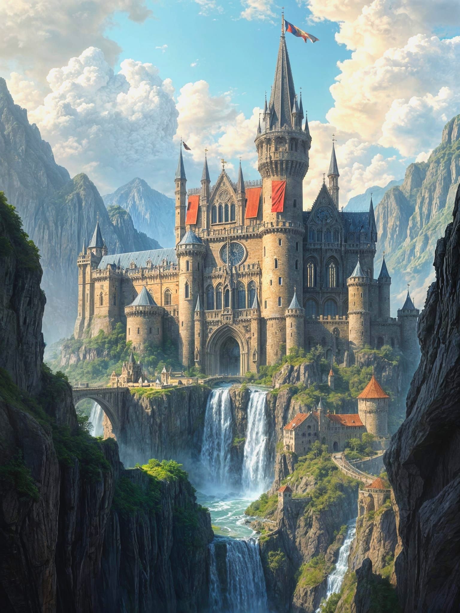 Fantasy Castle Town Over Waterfall in Hyperdetailed Style