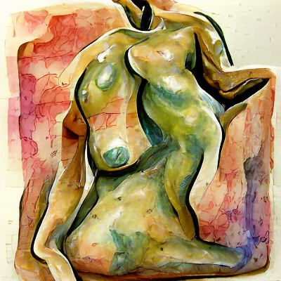 Watercolor Nude Woman Sculpture Art