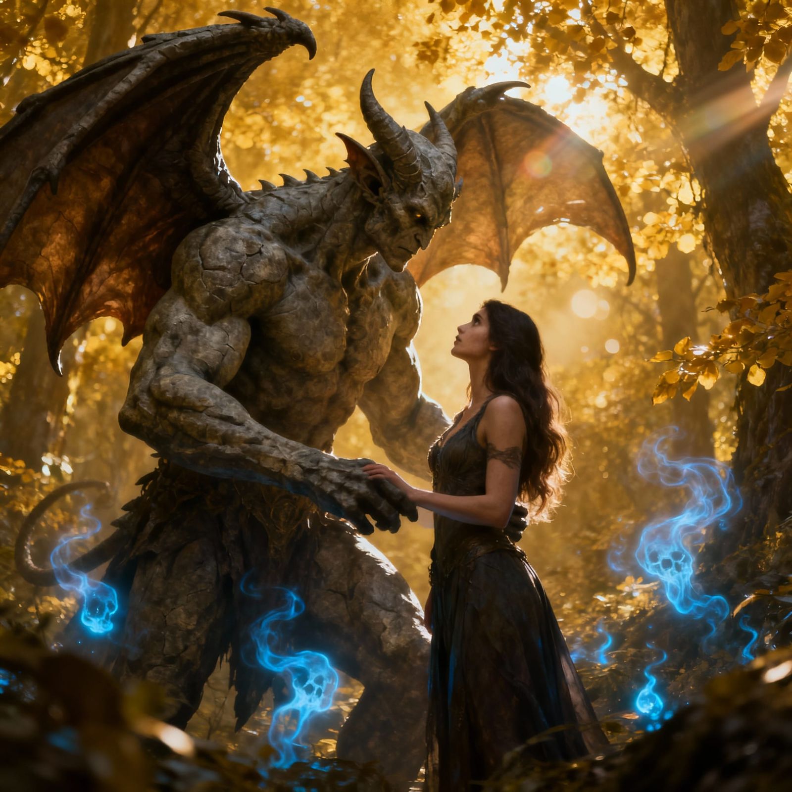 Gargoyle and Woman in Enchanted Forest Under Soft Light