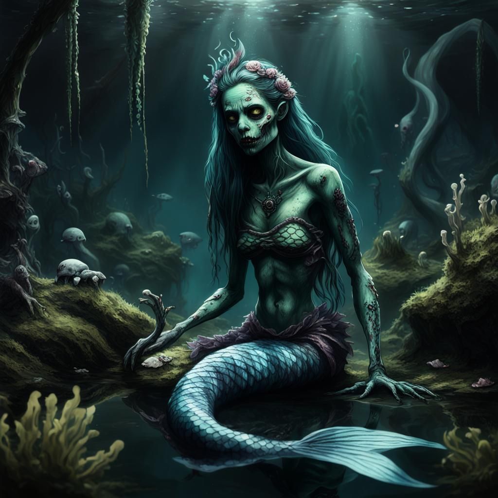 Undead Zombie Mermaid in a Dark Lagoon