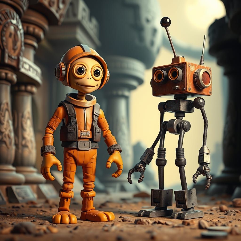 Retro Sci-Fi Claymation Explorer in Ancient Temple