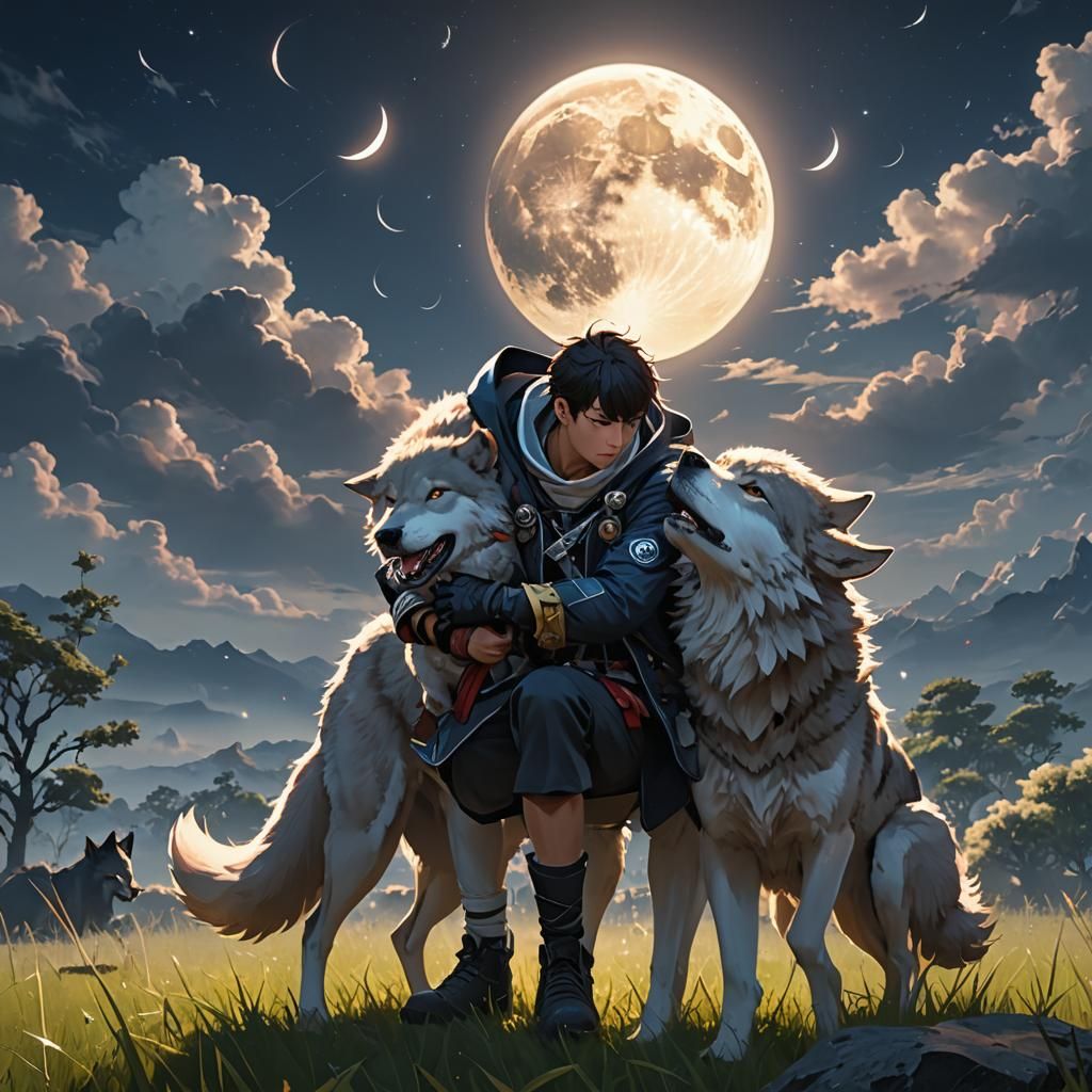 Crying Man with Wolf at World's End: Anime Art