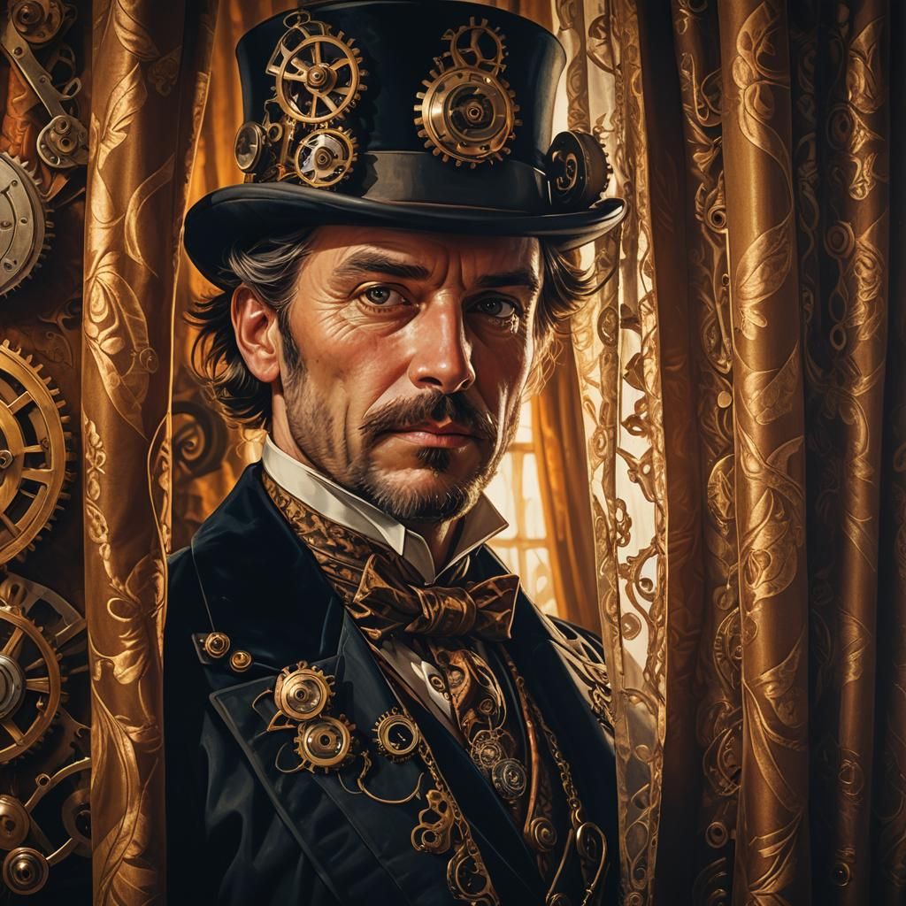 Steampunk Gentleman Hiding: Victorian Portrait in Golden Lig...