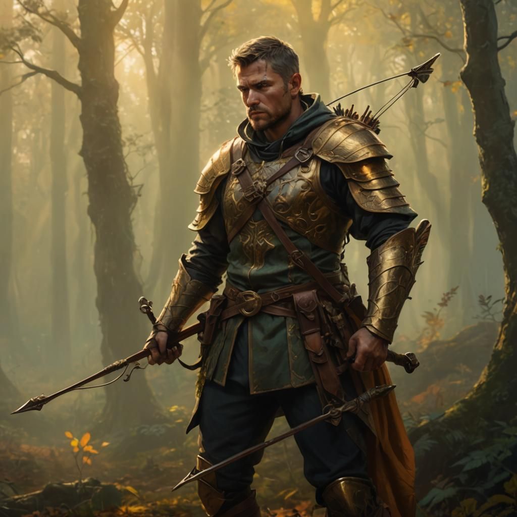 Heroic Mercenary Archer in Mystical Forest, Oil Painting