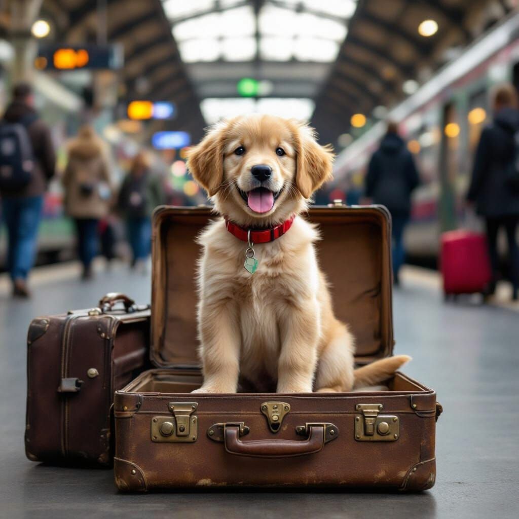 Golden Retriever Puppy at Train Station, Photorealistic
