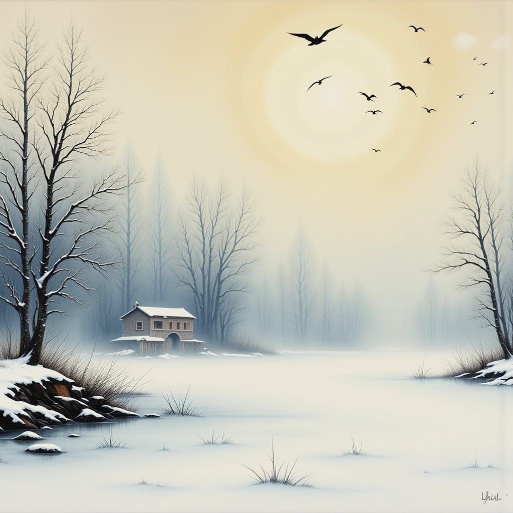 Winter Landscape in Japanese Watercolor Style