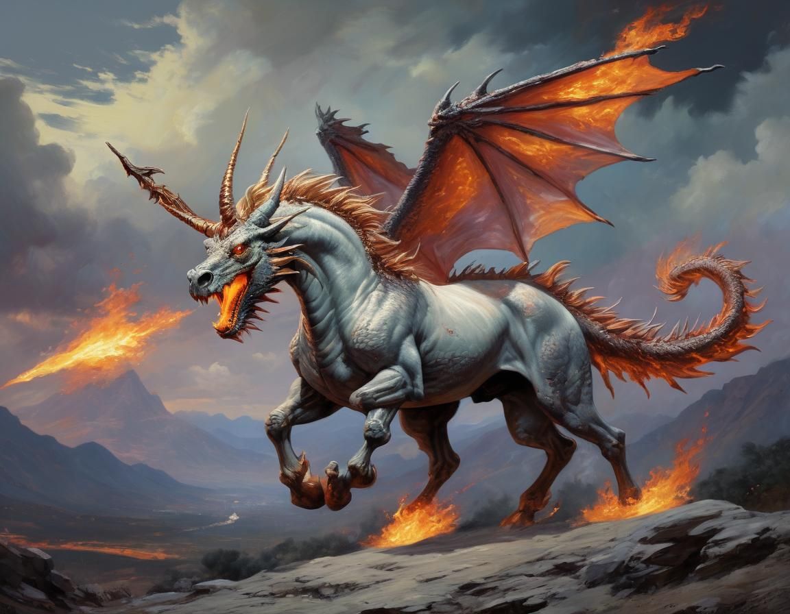 Fiery Dragon Unicorn in Oil Painting Style