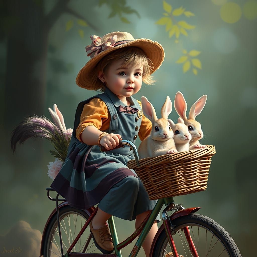 Girl on a Whimsical Bike Ride with Bunnies in Vibrant Acryli...