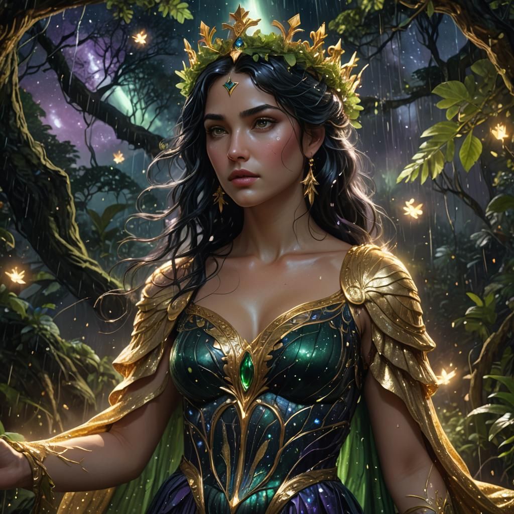 Aphrodite in Rainforest Under Starry Sky: Hyper-Realistic Ar...