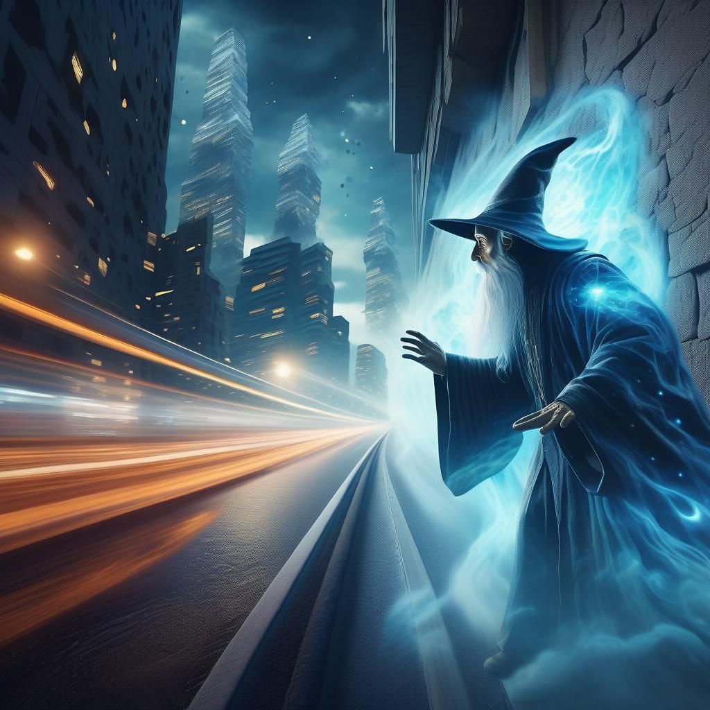 Wizard Emerges Onto Highway in Dark Fantasy Style