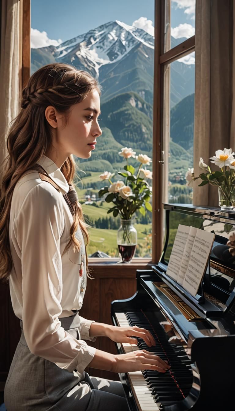 Girl Plays Piano With Mountain View