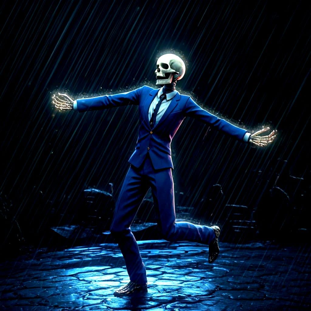 Manga-Inspired Skeleton Dances in the Rain