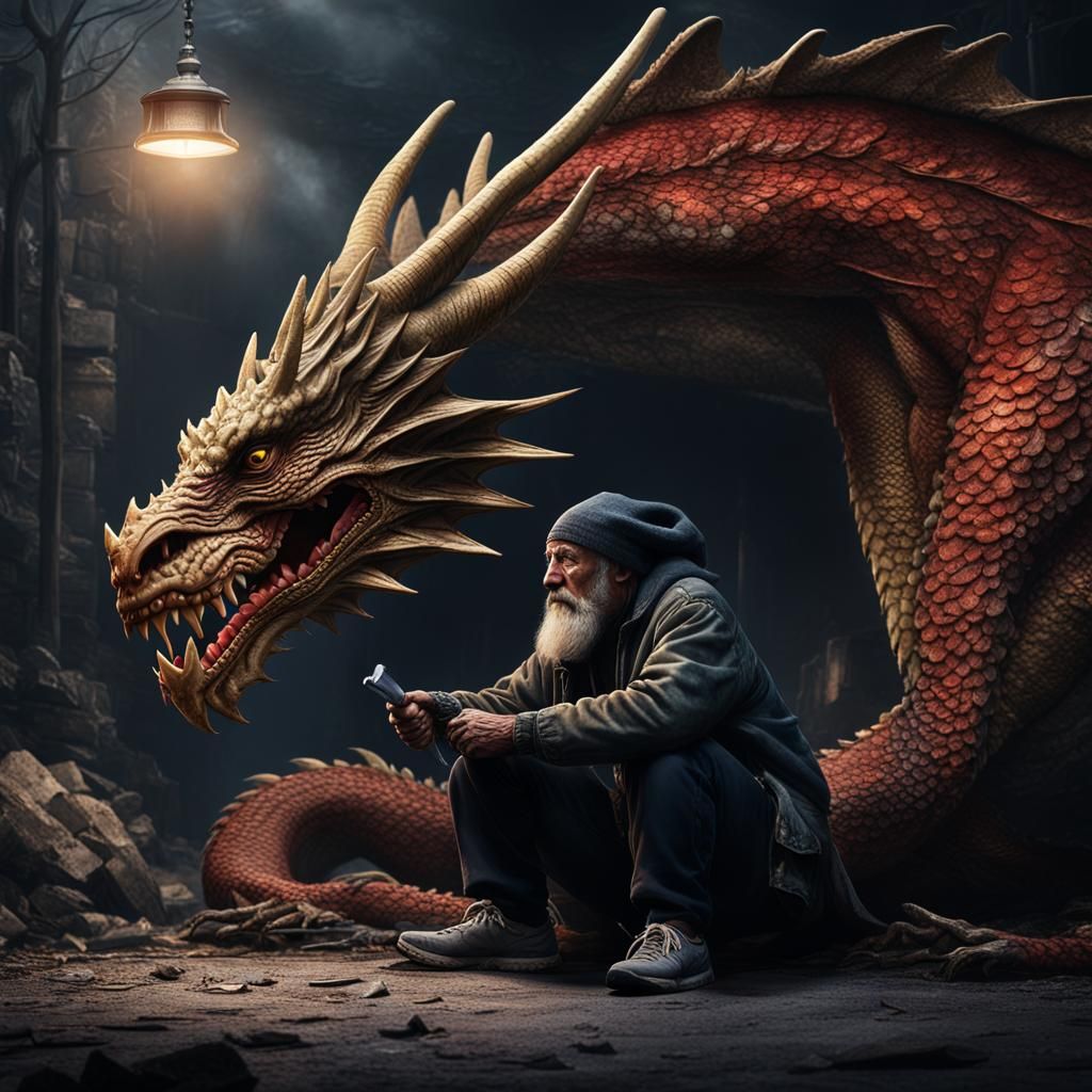 Homeless Man and Dragon: Photorealistic Portrait