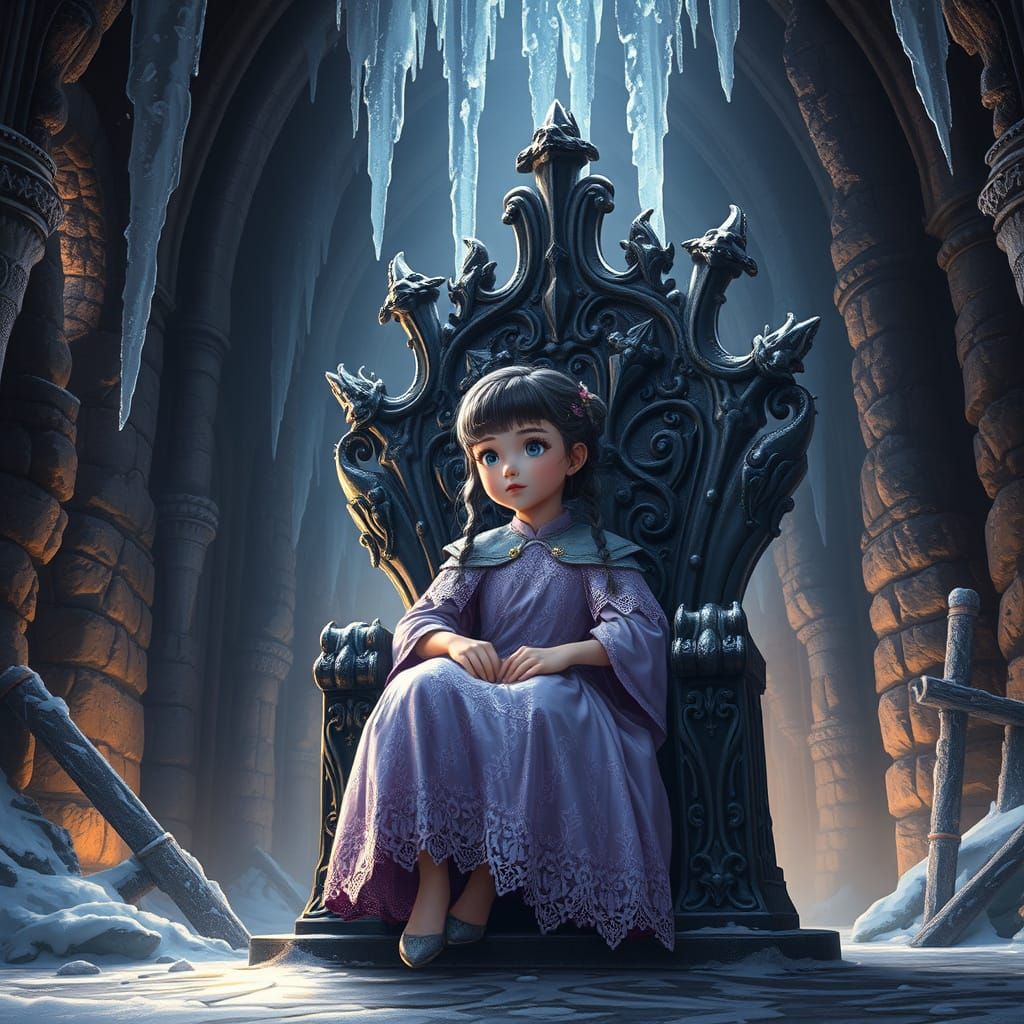 Young Girl Sits in Majestic Iron Throne with Dragon Decor