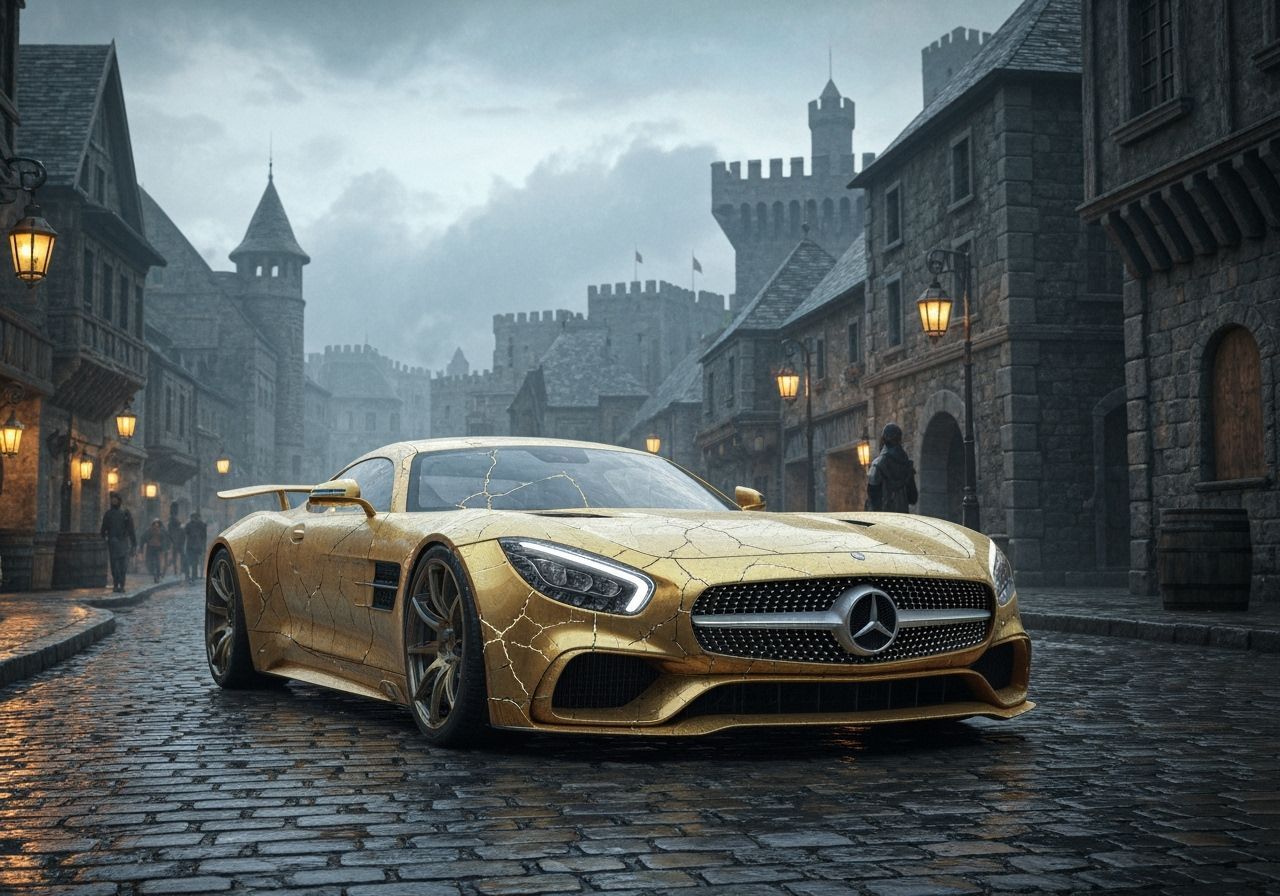 Futuristic Gold Car in Medieval City