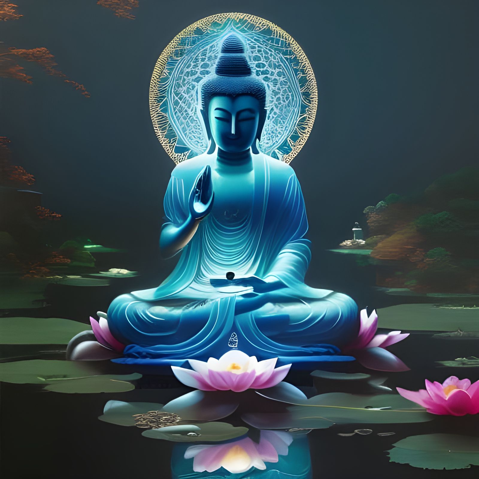 Meditating Buddha in Herbal Garden, Hyperdetailed Artwork